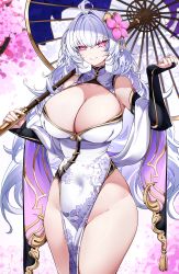 Rule 34 | 1girl, absurdres, ahoge, bare shoulders, breasts, casul, cleavage, dress, fate/grand order, fate/prototype, fate (series), highres, huge breasts, large breasts, long hair, looking at viewer, merlin (fate/prototype), oil-paper umbrella, pelvic curtain, purple eyes, solo, thighs, umbrella, very long hair, white dress, white hair