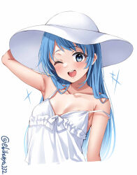 Rule 34 | 1girl, adjusting clothes, adjusting headwear, alternate costume, arm behind head, arm up, blue eyes, blue hair, blush, breasts, collarbone, cropped torso, dress, ebifurya, hat, highres, kantai collection, long hair, looking at viewer, one-hour drawing challenge, one eye closed, open mouth, samidare (kancolle), simple background, small breasts, smile, solo, spaghetti strap, sparkle, strap slip, sun hat, sundress, twitter username, upper body, very long hair, white background, white dress, white hat