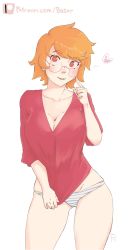 Rule 34 | 1girl, baserguy, belly, bra, breasts, cleavage, cowboy shot, glasses, guy, highres, large breasts, lingerie, original, panties, red hair, short hair, solo, standing, thick thighs, thighs, underwear, white background, wide hips