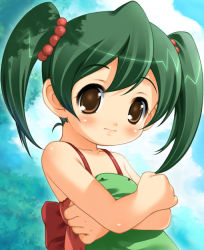 00s 1girl blush brown_eyes camisole child female_focus green_hair hug miyama_miku short_hair short_twintails solo twintails zettai_shounen