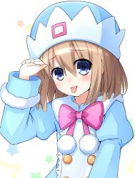 Rule 34 | 1girl, blue coat, blue eyes, blush, brown hair, choujigen game neptune, coat, commentary, doria (p f dolia), fur trim, hair between eyes, hand on own head, hat, highres, looking at viewer, neptune (series), pom pom (clothes), rom (neptunia), short hair, simple background, solo, tehepero, tongue, tongue out