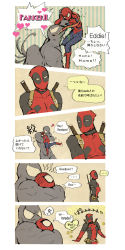 Rule 34 | ..., 3boys, bodysuit, comic, deadpool, deadpool (series), english text, heart, highres, lilycole, long tongue, male focus, marvel, mask, multiple boys, peter parker, spider-man, spider-man (series), spoken heart, sulking, sword, tentacles, tentacles on male, text focus, tongue, tongue out, translated, venom (marvel), weapon