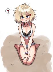 Rule 34 | 1girl, ?, barefoot, bikini, blonde hair, blue eyes, blue nails, blush, bracelet, breasts, cleavage, collarbone, evolvingmonkey, highres, jewelry, large breasts, looking at viewer, mole, mole on breast, mole under eye, nail polish, navel, necklace, original, parted lips, seiza, short hair, sitting, solo, speech bubble, spoken question mark, sweat, swimsuit, v arms
