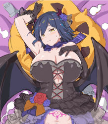 Rule 34 | 1girl, 2018, arm up, armpits, asymmetrical gloves, bed, blue bow, blue hair, blue pubic hair, bow, bowtie, breasts, cleavage, demon horns, dress, female pubic hair, flower, frilled dress, frilled gloves, frills, gloves, grey dress, grey gloves, hair flower, hair ornament, hair over one eye, hand on own chest, horns, jack-o&#039;-lantern, kiyama satoshi, large breasts, looking at viewer, lying, mole, mole under eye, multicolored clothes, multicolored dress, nijisanji, nipple slip, nipples, on back, on bed, orange bow, presenting armpit, pubic hair, pubic hair peek, pubic tattoo, shizuka rin, short hair, sidelocks, solo, sweatdrop, tattoo, tombstone, uneven gloves, virtual youtuber, yellow eyes
