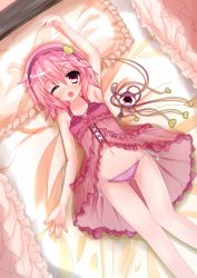 Rule 34 | 1girl, ;o, arm up, babydoll, bed, blush, camisole, chemise, collarbone, female focus, flat chest, frilled pillow, frills, hairband, heart, komeiji satori, loki 78, looking at viewer, lying, midriff, navel, on back, on bed, one eye closed, open mouth, panties, pillow, pink eyes, pink hair, pink panties, short hair, side-tie panties, solo, third eye, touhou, underwear, wink