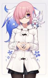 Rule 34 | alternate costume, black-framed eyewear, black pantyhose, black skirt, closed mouth, coat, cowboy shot, creature, creature on shoulder, duffel coat, fate/grand order, fate (series), fingers together, floral background, fou (fate), glasses, grey background, hair over one eye, long sleeves, looking at viewer, mash kyrielight, miniskirt, muryotaro, official alternate costume, on shoulder, pantyhose, pink hair, plaid, plaid skirt, pleated skirt, purple eyes, semi-rimless eyewear, short hair, skirt, smile, standing, under-rim eyewear, white coat