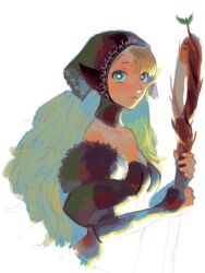 Rule 34 | 1girl, bare shoulders, black dress, black gloves, black hood, blonde hair, breasts, chesunatto, cleavage, detached hood, dress, dungeon meshi, ear covers, elbow gloves, elf, fingerless gloves, gloves, green eyes, highres, holding, holding staff, long hair, looking at viewer, marcille donato, marcille donato (lord), medium breasts, pointy ears, spoilers, sprout, staff, strapless, strapless dress, white background