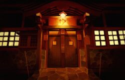 Rule 34 | architecture, building, chain, commentary request, dark, door, fence, gensuke (ryun), highres, night, no humans, onsen, original, scenery, translation request, window