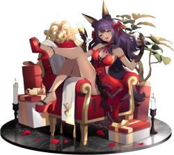 Rule 34 | 1girl, :d, animal ear fluff, animal ears, backless dress, backless outfit, bare legs, black gloves, blunt bangs, bow, breasts, candle, candlestand, champagne flute, cleavage, cup, dark-skinned female, dark skin, dress, drinking glass, eversoul, fang, full body, game cg, gift, glint, gloves, hair bow, high heels, highres, holding, holding cup, holding phone, jackal ears, jackal girl, leg up, light blush, looking at object, medium breasts, non-web source, official alternate costume, official alternate hairstyle, official art, on chair, open mouth, petals, phone, plant, platform footwear, potted plant, purple hair, red bow, red dress, red footwear, rose petals, sitting sideways, smile, solo, tachi-e, tasha (eversoul), transparent background, yellow eyes