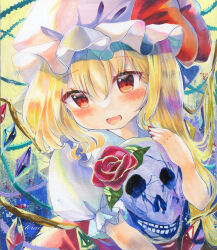 Rule 34 | 1girl, :d, absurdres, blonde hair, blush, commentary request, crystal, flandre scarlet, hat, highres, holding, holding skull, looking at viewer, medium hair, mob cap, nail polish, open mouth, red nails, simple background, skull, smile, solo, torajirou (toraneko zirou), touhou, wings