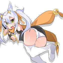 Rule 34 | 1girl, animal ears, ass, bare shoulders, boots, brave dungeon, breasts, detached sleeves, dress, facial mark, fang, from behind, green eyes, hair ribbon, long hair, looking at viewer, majin shoujo, nichiro, open mouth, panties, ribbon, rudy (majin shoujo), scarf, shiny skin, short dress, smile, solo, thigh boots, thighhighs, twintails, underwear, white hair