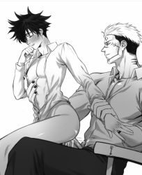Rule 34 | 2boys, abs, anal, ass, blush, bottomless, clenched hand, closed eyes, commentary, cum, ejaculation, erection, facial tattoo, full-face blush, fushiguro megumi, height difference, highres, holding another&#039;s wrist, jujutsu kaisen, looking at another, male focus, male penetrated, marrbl, monochrome, multiple boys, navel, neck tattoo, nipple rub, nipple stimulation, nipples, partially unbuttoned, penis, reverse cowgirl position, ryoumen sukuna (jujutsu kaisen), sex, sex from behind, shirt, short hair, sitting, size difference, smile, spiked hair, straddling, tattoo, thighs, toned, unbuttoned, yaoi