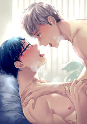 Rule 34 | 2boys, after kiss, bara, blue eyes, brown eyes, eye contact, glasses, looking at another, lying, male focus, multiple boys, muscular, muscular male, nipples, on back, open mouth, original, pectorals, pillow, saliva, saliva trail, short hair, silver hair, sweat, tongue, tongue out, upper body, xxxxchild, yaoi