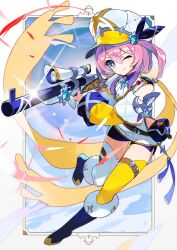 Rule 34 | 1girl, absurdres, aiming, blue eyes, blue shorts, boots, detached sleeves, dive to zone, gun, hat, highres, holding, holding gun, holding weapon, knee boots, multicolored hair, one eye closed, orange scarf, pink hair, purple hair, rifle, scarf, short shorts, shorts, solo, sparkle, teru2307, thighhighs, weapon, white thighhighs, yellow thighhighs, zonko