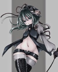 Rule 34 | 1girl, absurdres, aqua eyes, black footwear, black gloves, boots, cowboy shot, epaulettes, gloves, green hair, grey background, groin, hair between eyes, hat, hat ribbon, highres, holding, long sleeves, looking at viewer, lowleg, navel, puffy long sleeves, puffy sleeves, red ribbon, ribbon, shiki eiki, short shorts, shorts, skindentation, sleeping ear, solo, stomach, thigh boots, thighhighs, thighs, touhou, turtleneck, two-tone background, whip, white ribbon, wide hips