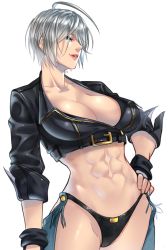 Rule 34 | abs, angel (kof), anima (togashi), blue eyes, bra, breasts, chaps, cropped jacket, fingerless gloves, gloves, hair over eyes, hair over one eye, hand on own hip, highres, jacket, large breasts, leather, leather jacket, mexico, muscular, muscular female, simple background, snk, solo, strapless, strapless bra, the king of fighters, the king of fighters 2001, the king of fighters xiv, toned, underwear, white background, white hair