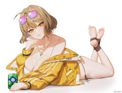 Rule 34 | 1girl, ahoge, anis (nikke), anis (sparkling summer) (nikke), bikini, blush, breasts, brown hair, chilakkk, cleavage, collarbone, crossed ankles, eyewear on head, feet up, goddess of victory: nikke, highres, jacket, jacket partially removed, large breasts, looking at viewer, lying, on stomach, side-tie bikini bottom, simple background, smile, soles, solo, swimsuit, the pose, tinted eyewear, toes, white background, white bikini, yellow jacket
