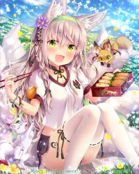 Rule 34 | 1girl, :3, ahoge, animal, animal ears, bell, bento, blush, breasts, cleavage, collar, falkyrie no monshou, fang, food, fox, fox ears, fox girl, fox tail, green eyes, grey hair, hairband, kitsune, kyuubi, long hair, looking at viewer, medium breasts, multiple tails, natsumekinoko, neck bell, official art, open mouth, short shorts, shorts, sitting, smile, solo, tail, thighhighs, thighs, white thighhighs