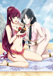 Rule 34 | 2girls, anklet, asami-ch, barefoot, beach, bikini, bikini skirt, black eyes, black hair, bracelet, breasts, cleavage, coconut, day, drink, drinking straw, fruit cup, hair ornament, hanging breasts, huge breasts, jewelry, long hair, lots of jewelry, magi the labyrinth of magic, multiple girls, navel, necklace, red eyes, red hair, ren hakuei, ren kougyoku, sand, sitting, swimsuit, towel, very long hair