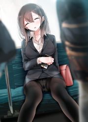Rule 34 | 1girl, 2others, bag, black jacket, black skirt, blurry, blurry foreground, blush, breasts, brown hair, cellphone, collarbone, collared shirt, facing viewer, fine fabric emphasis, formal, handbag, head tilt, holding, holding phone, interior, jacket, large breasts, long hair, long sleeves, multiple others, office lady, oouso, open mouth, original, panties, panties under pantyhose, pantyhose, pencil skirt, phone, shirt, sidelocks, sitting, skirt, skirt suit, sleeping, smartphone, solo, suit, tight skirt, underwear, upskirt, white shirt