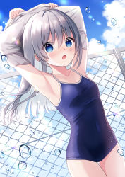 Rule 34 | 1girl, black one-piece swimsuit, blue eyes, blue sky, breasts, cloud, cowboy shot, fence, grey hair, highres, long hair, looking at viewer, one-piece swimsuit, open mouth, original, outdoors, sky, small breasts, solo, standing, suzuno naru, swimsuit, water