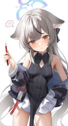 Rule 34 | 1girl, absurdres, animal ears, black dress, black hair, black jacket, blue archive, blue halo, blush, breasts, closed mouth, cowboy shot, dress, fingernails, grey hair, halo, highres, hini ni, holding, holding pen, jacket, kokona (blue archive), long hair, long sleeves, looking at viewer, multicolored hair, orange eyes, pen, pout, simple background, small breasts, solo, spoken blush, streaked hair, striped clothes, striped dress, tiger ears, vertical-striped clothes, vertical-striped dress, white background