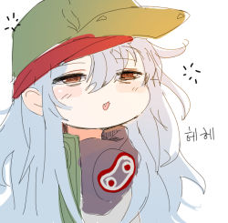 Rule 34 | 1girl, brown eyes, dokomon, fang, flat cap, g11 (girls&#039; frontline), girls&#039; frontline, green hat, green jacket, grey hair, grey shirt, hair between eyes, half-closed eyes, hat, jacket, korean text, long hair, open clothes, open jacket, parted lips, shirt, simple background, solo, translation request, upper body, white background
