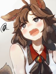 Rule 34 | 1girl, @ @, adapted costume, animal ears, bare shoulders, blush, brooch, brown hair, grey background, imaizumi kagerou, jewelry, long hair, looking away, open mouth, simple background, sleeveless, solo, spoken squiggle, squiggle, tail, tears, touhou, uisu (noguchipint), wolf ears, wolf tail