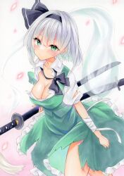 Rule 34 | 1girl, black hairband, blush, breasts, cleavage, closed mouth, commentary request, ghost, gradient background, green eyes, grey hair, hairband, highres, holding, holding sword, holding weapon, katana, konpaku youmu, konpaku youmu (ghost), large breasts, looking at viewer, natsume nadeshiko, pink background, short hair, solo, sword, touhou, traditional media, weapon