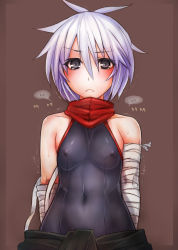 Rule 34 | 1girl, arm wrap, arms behind back, bad id, bad pixiv id, bandages, bare shoulders, blush, borrowed character, covered erect nipples, covered navel, flat chest, frown, grey eyes, highres, light purple hair, looking at viewer, nipples, original, see-through, shirakami itsuki, short hair, simple background, solo, taishi (artist), taishi (picchiridou), upper body