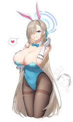 Rule 34 | 1boy, 1girl, absurdres, animal ears, doodle sensei (blue archive), asuna (blue archive), asuna (bunny) (blue archive), bare shoulders, blue archive, blue bow, blue bowtie, blue eyes, blue leotard, blue ribbon, bow, bowtie, breasts, brown pantyhose, cleavage, commentary request, covered navel, dated, detached collar, eyes visible through hair, fake animal ears, gloves, hair over one eye, hair ribbon, heart, highres, large breasts, leotard, light brown hair, long hair, looking at viewer, mole, mole on breast, pantyhose, playboy bunny, rabbit ears, ribbon, sensei (blue archive), simple background, smile, spoken heart, sukaliya, very long hair, white background, white gloves