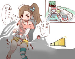 Rule 34 | 1girl, asymmetrical legwear, blue bow, blush, bow, brown eyes, brown hair, car, chousoku henkei gyrozetter, collarbone, covering crotch, covering privates, dr pepper, driving, eyes visible through hair, hair bow, hair ornament, hair over one eye, hanomido, have to pee, inaba rinne, mismatched legwear, mismatched socks, mismatched thighhighs, motor vehicle, open mouth, ponytail, shorts, side ponytail, single thighhigh, sitting, solo, striped clothes, striped thighhighs, sweat, thighhighs, traffic, translated, urine meter, vehicle, vehicle interior
