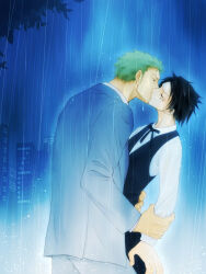 Rule 34 | 2boys, back, black eyes, black hair, black vest, blue jacket, blue pants, blue suit, blue theme, bow, bowtie, building, cityscape, closed eyes, collared shirt, couple, cowboy shot, facial scar, formal, green hair, half-closed eyes, hand on another&#039;s arm, hand on another&#039;s waist, height difference, highres, jacket, kiss, long sleeves, looking at another, male focus, monkey d. luffy, multiple boys, night, one piece, outdoors, pants, rain, roronoa zoro, scar, scar on cheek, scar on face, shirt, short hair, sideburns, size difference, suit, tk-1105, vest, waiter, wet, white shirt, yaoi