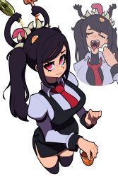 Rule 34 | 1girl, absurdres, apron, black apron, black hair, blush, bottle, breasts, collared shirt, cup, drinking, drinking glass, filia (skullgirls), from above, highres, holding, holding bottle, holding cup, jill stingray, large breasts, looking at viewer, looking down, monster, monster girl, muds, muds (tentacles r us), red eyes, samson (skullgirls), sharp teeth, shirt, simple background, skullgirls, solo, sweat, teeth, tongue, tongue out, twintails, va-11 hall-a, white background, wine bottle, wine glass
