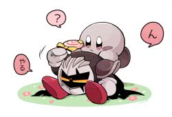 Rule 34 | ?, arm up, armor, artist name, black cape, blush, blush stickers, candy, cape, closed mouth, commentary request, cracked mask, dark meta knight, flower, food, grass, holding, holding candy, holding food, holding lollipop, invincible candy, kirby (series), lollipop, mask, midooka (o k k), nintendo, no humans, pauldrons, pink flower, red footwear, shadow kirby, shoulder armor, signature, simple background, sitting, speech bubble, spoken question mark, star (symbol), swirl lollipop, torn cape, torn clothes, translation request, v-shaped eyebrows, white background, yellow eyes