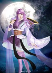 Rule 34 | 1girl, absurdres, arm up, armband, asymmetrical sleeves, bug, butterfly, butterfly on hand, closed mouth, expressionless, frilled armband, frills, grass, hair ornament, highres, insect, looking at viewer, moon, night, purple eyes, purple thighhighs, qin shi ming yue, second-party source, shao siming (qin shi ming yue), shui zhi qingxiang, single hair ring, solo, thighhighs, upper body, water