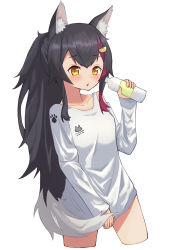 Rule 34 | 1girl, animal ear fluff, animal ears, asymmetrical clothes, asymmetrical shirt, black choker, black hair, blush, bottle, choker, clothing cutout, collarbone, cowboy shot, cropped torso, flipped hair, hair between eyes, highres, holding, holding bottle, hololive, long hair, long sleeves, looking at viewer, multicolored hair, nail polish, ookami mio, ookami mio (casual), parted lips, ponytail, red hair, shirt, shoulder cutout, simple background, sleeves past wrists, solo, streaked hair, tsubaki usagi, very long hair, virtual youtuber, water bottle, white background, white hair, white shirt, wolf ears, yellow eyes