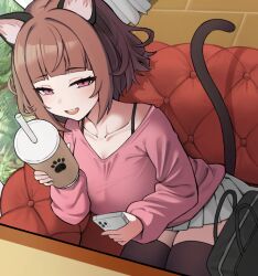 Rule 34 | 1girl, animal ears, bag, black thighhighs, blunt bangs, bra strap, breasts, brown hair, cat ears, cat girl, cat tail, cellphone, collarbone, couch, cup, drinking straw, dutch angle, from above, half-closed eyes, holding, holding cup, holding phone, kmnz, large breasts, long sleeves, looking at viewer, mc liz, miniskirt, nago purin, open mouth, phone, pink sweater, pleated skirt, purple eyes, short hair, skirt, smartphone, smile, solo, sweater, tail, thighhighs, virtual youtuber, white skirt, zettai ryouiki