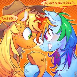 Rule 34 | 2girls, applejack, arm wrestling, blonde hair, blue fur, brown hat, clenched teeth, cowboy hat, english text, face to face, from side, green eyes, hat, highres, jficbcpcr6eyujo, long hair, multicolored hair, multiple girls, my little pony, my little pony: friendship is magic, no humans, orange fur, pink eyes, pony (animal), rainbow dash, rainbow hair, speech bubble, sweat, teeth, upper body