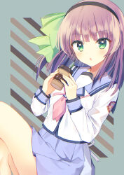 Rule 34 | 1girl, :o, absurdres, aiyan, angel beats!, black hairband, blue sailor collar, blue skirt, blunt bangs, blush, bow, commentary request, company name, crossed legs, cup, drinking straw, dutch angle, eyelashes, eyes visible through hair, fingernails, floating hair, green background, green bow, green eyes, hair bow, hair over shoulder, hairband, hands up, head tilt, highres, holding, holding cup, leaning back, long hair, long sleeves, looking at viewer, miniskirt, nakamura yuri, neckerchief, open mouth, pink neckerchief, pleated skirt, purple eyes, sailor collar, school uniform, serafuku, shinda sekai sensen uniform, shirt, simple background, sitting, skirt, solo, white shirt