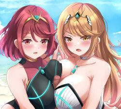 Rule 34 | 1boy, 2girls, asymmetrical docking, beach, blonde hair, blue sky, blush, breast press, breasts, censored, cooperative paizuri, core crystal (xenoblade), hair ornament, hetero, large breasts, long hair, looking at viewer, mosaic censoring, multiple girls, mythra (radiant beach) (xenoblade), mythra (xenoblade), nintendo, open mouth, paizuri, penis, pov, pyra (pro swimmer) (xenoblade), pyra (xenoblade), red eyes, red hair, ryunosu1111, short hair, sky, water, xenoblade chronicles (series), xenoblade chronicles 2, yellow eyes