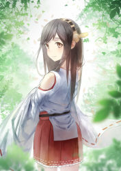 Rule 34 | 10s, 1girl, anone, artist request, bare shoulders, black hair, blush, brown eyes, detached sleeves, eyebrows, from behind, hairband, haruna (kancolle), japanese clothes, kantai collection, leaf, long hair, looking back, miniskirt, nontraditional miko, ribbon-trimmed sleeves, ribbon trim, skirt, smile, solo, wide sleeves