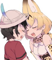Rule 34 | 10s, 2girls, animal ears, bare shoulders, blush, bow, bowtie, bucket hat, closed eyes, fang, feathers, forehead-to-forehead, gloves, hat, heads together, highres, kaban (kemono friends), kemono friends, multicolored hair, multiple girls, nanasiusagi017, open mouth, serval (kemono friends), serval print, shirt, short hair, t-shirt
