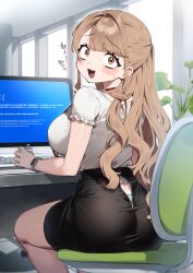 Rule 34 | 1girl, absurdres, ass, black skirt, blue panties, blue screen of death, breasts, brown hair, chair, commentary request, computer keyboard, from behind, highres, indoors, kodama&#039;s elder sister (sakura yuki), large breasts, long hair, looking at viewer, looking back, monitor, on chair, open mouth, orange eyes, original, panties, panty peek, pencil skirt, sakura yuki (clochette), shirt, sitting, skirt, solo, tears, underwear, white shirt