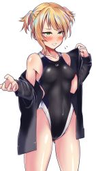 Rule 34 | 1girl, aiuti, black one-piece swimsuit, blonde hair, blush, breasts, collarbone, competition swimsuit, cowboy shot, girls&#039; frontline, gluteal fold, green eyes, highleg, highleg swimsuit, highres, jacket, looking at viewer, medium breasts, one-piece swimsuit, parted lips, short hair, simple background, solo, standing, swimsuit, twintails, welrod mkii (girls&#039; frontline), white background