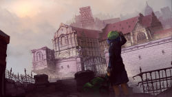 Rule 34 | 1girl, architecture, arm at side, back, backpack, bag, blue hair, blue skirt, brick wall, building, clock, clock tower, cloud, cloudy sky, dutch angle, facing away, fence, from behind, gate, gothic architecture, green hat, hair bobbles, hair ornament, hand on headwear, hat, highres, holding strap, ironwork, kaatoso, kawashiro nitori, legs apart, long sleeves, mansion, outdoors, scarlet devil mansion, skirt, skirt set, sky, solo, standing, sun, touhou, tower, two side up, unworn backpack, unworn bag, wall