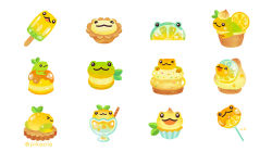 Rule 34 | :3, animal, animal focus, artist name, black eyes, commentary, cookie, cupcake, english commentary, food, frog, fruit, leaf, lemon, lemon slice, looking at viewer, no humans, one eye closed, open mouth, original, pikaole, popsicle, pudding, simple background, smile, sprinkles, star (symbol), watermark, white background