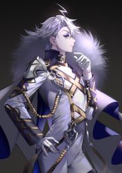 Rule 34 | 1boy, absurdres, aged down, ahoge, armor, blue eyes, cloak, closed mouth, commentary request, expressionless, facial mark, fate/grand order, fate (series), feet out of frame, from side, fur trim, glasses, gloves, grey hair, hand on own hip, hand up, hands up, high collar, highres, james moriarty (archer) (fate), james moriarty (ruler) (fate), long sleeves, looking at viewer, looking to the side, male focus, official alternate costume, pale skin, pants, short hair, shoulder armor, shoulder spikes, simple background, solo, sparkle, spikes, white gloves, white pants, wingtemple