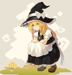 Rule 34 | 1girl, apron, beige background, black hat, black skirt, black vest, blonde hair, bow, braid, breasts, brown footwear, commentary request, falken (yutozin), full body, hair between eyes, hair bow, hat, highres, kirisame marisa, long hair, medium breasts, mushroom, one-hour drawing challenge, petticoat, puffy short sleeves, puffy sleeves, shoes, short sleeves, simple background, single braid, skirt, smile, solo, squatting, touhou, vest, waist apron, white apron, white bow, witch hat, yellow eyes