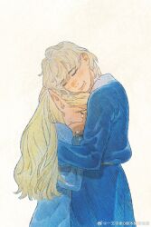Rule 34 | 2girls, blonde hair, blue robe, chinese commentary, closed eyes, commentary request, crying, dungeon meshi, elf, facing viewer, falin touden, hands up, highres, hug, long hair, long sleeves, marcille donato, mingdamitang, multiple girls, mutual hug, pointy ears, robe, short hair, simple background, smile, upper body, weibo watermark, yellow background